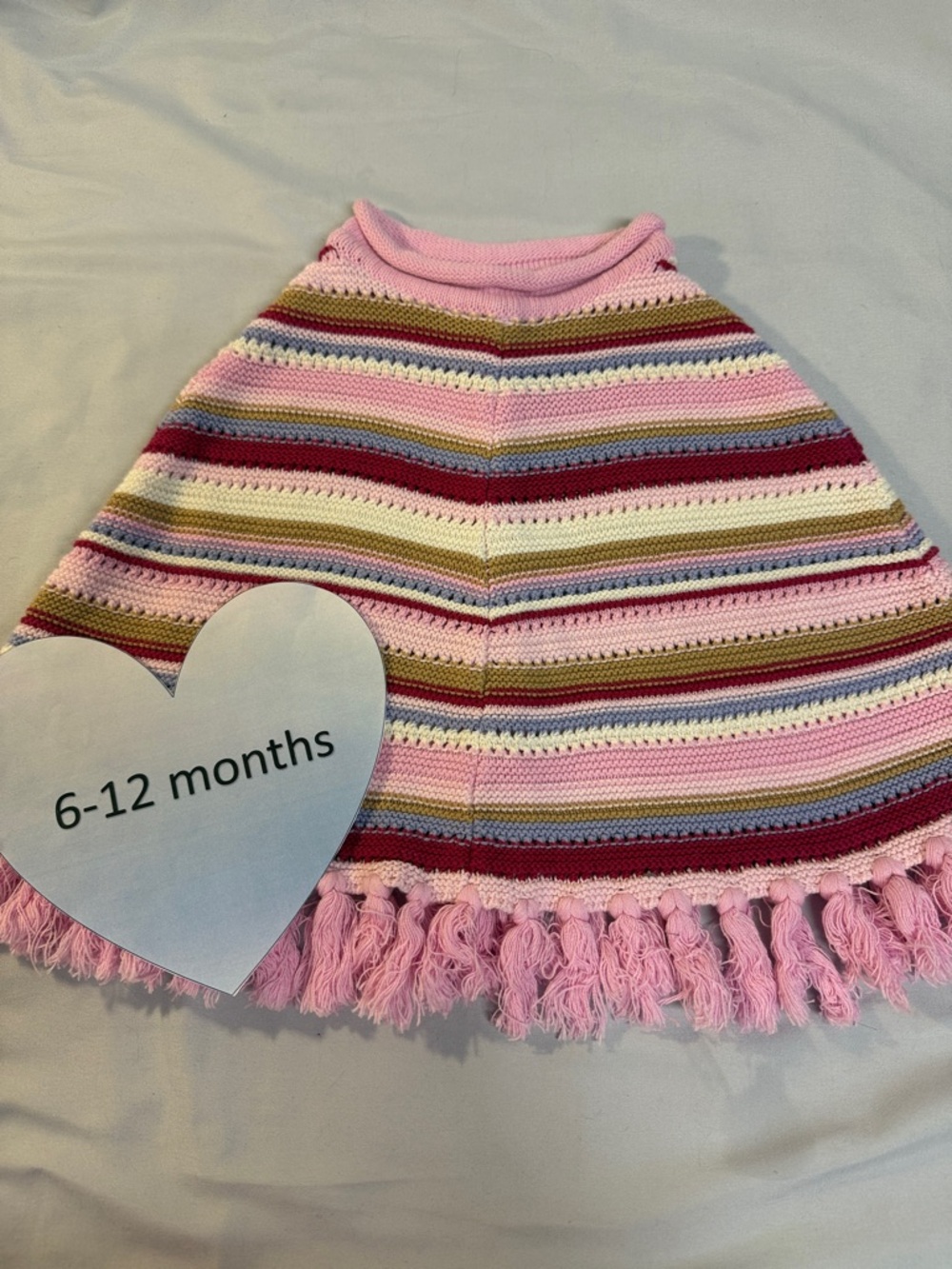 Please Mum - vintage Baby Pink Striped knit Cape with Fringe - 6-12 Months